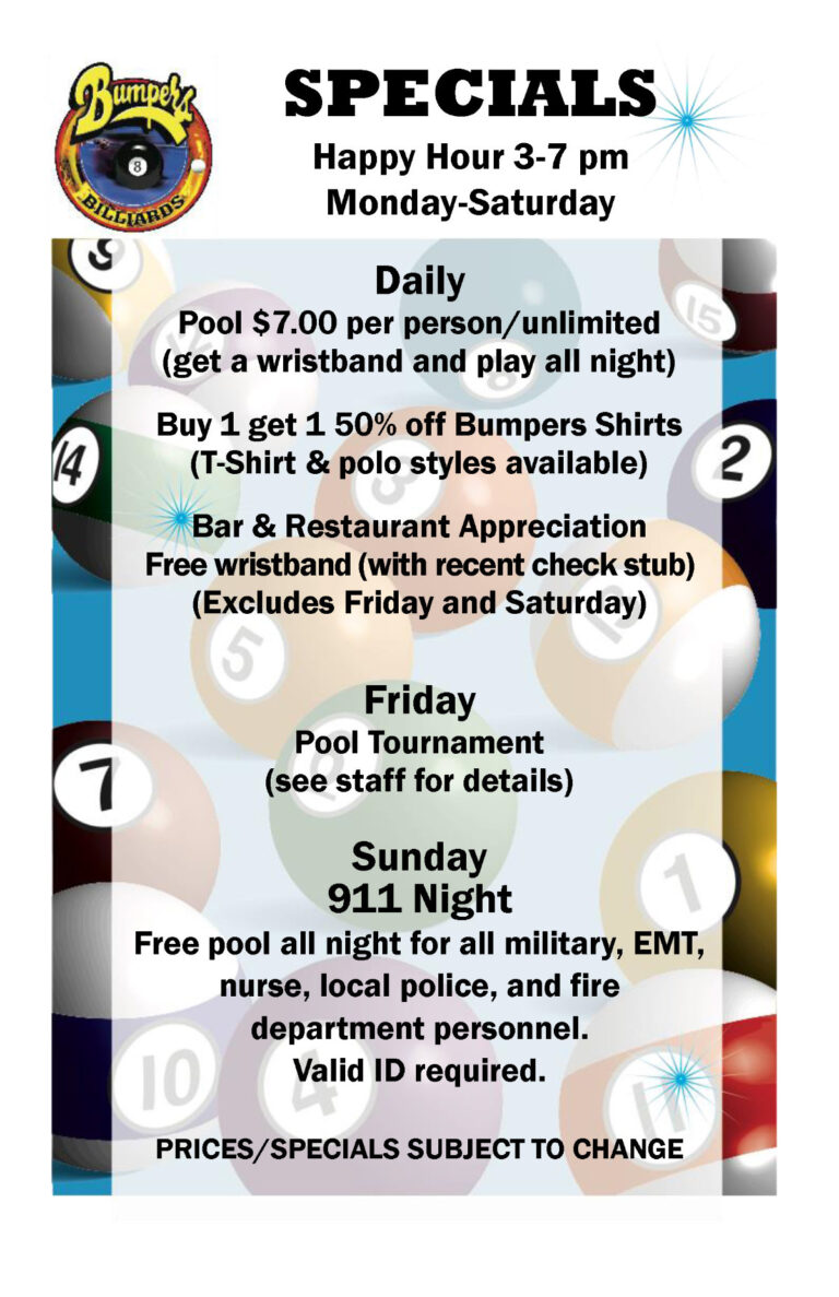 Bumpers Billiards Specials