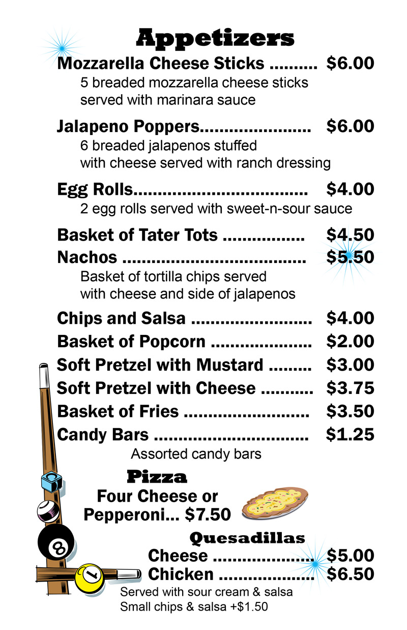 Bar & Grill Menu at Bumpers Billiards Huntsville Alabama