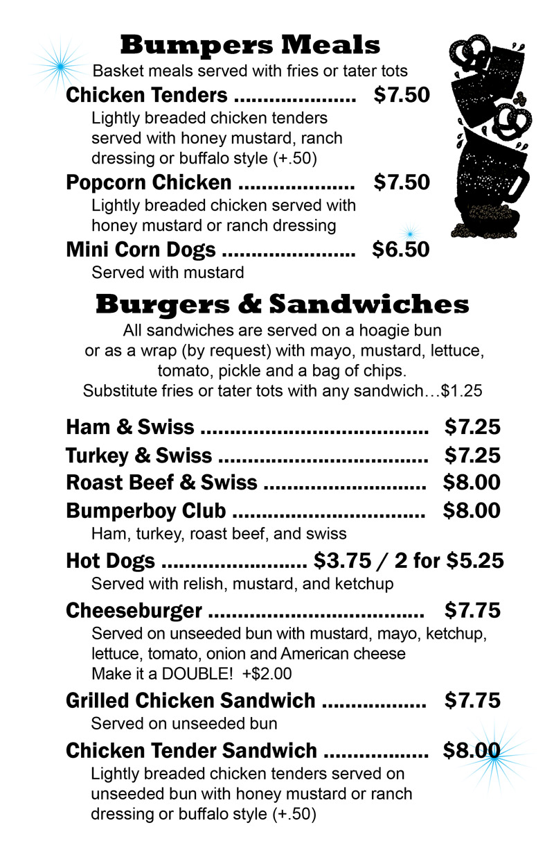 Bar & Grill Menu at Bumpers Billiards Huntsville Alabama